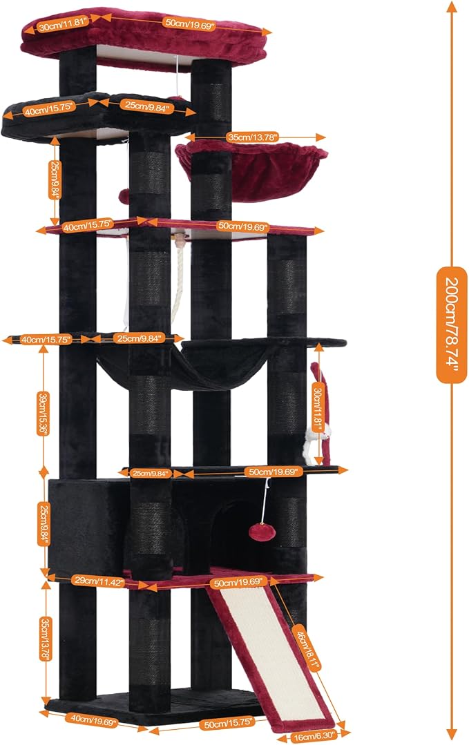 Heybly Tall Cat Tree, 78-inch Multi-Level Cat Tower for Indoor Cats, 2 Widened Plush Perches Cat Condo with Scratching Board and Big Caves, Black and Red HCT033BR