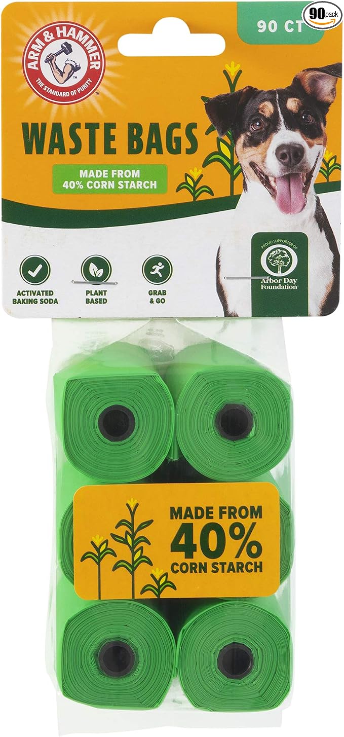 Arm & Hammer Durable Disposable Dog And Cat Waste Bags With Activated Baking Soda, 90 Dog Poop Bags, Plant-Based 9 x 14 Inches