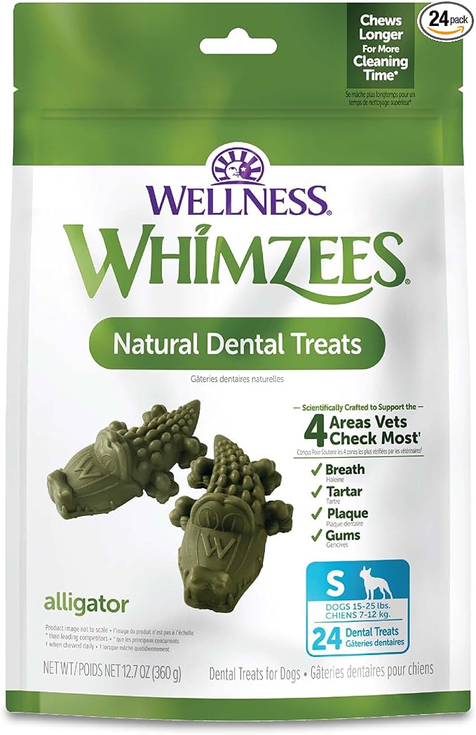 Whimzees Wellness Alligator Natural Dog Dental Treat, Chews, Freshens Breath, Small Size, 12.7 oz Bag, 24 Count