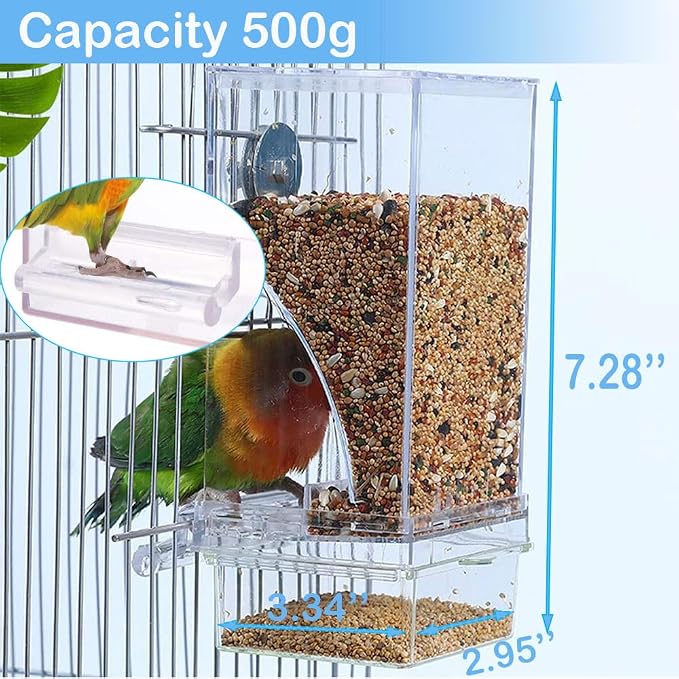 Bird Parrot Feeders, No Mess Automatic Cage Feeder Dispenser Food Container, Auto Bird Seed Bowl for Small Medium Birds, Cockatiel Canary Cockatoos Parakeet Conure Lovebird, Acrylic Clear (Feeder)