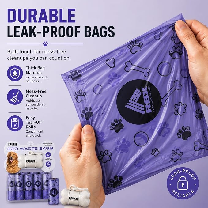 RBX Dog Poop Bags Rolls with Dog Poop Bag Holder for Leash, 320 Poop Bags for Dogs with Clip-On Dispenser, Durable Leak-Proof Dog Waste Bags, 16 Refill Rolls, Recyclable Material