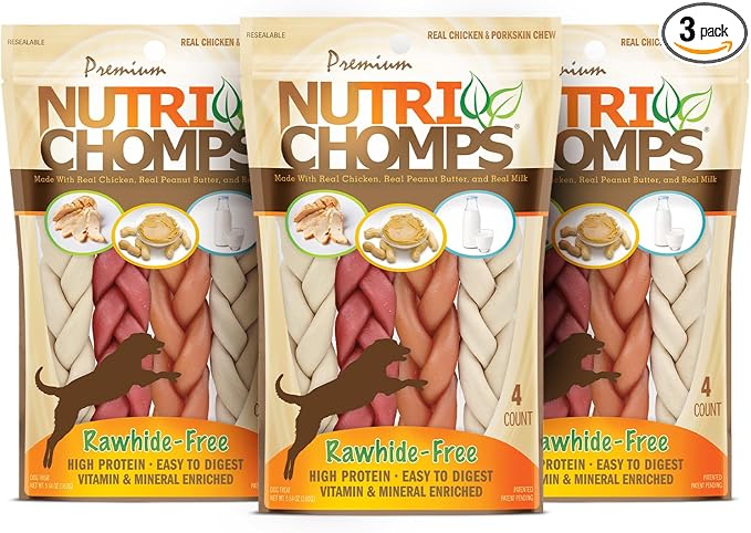NutriChomps Dog Chews- 6-inch Braids,Easy to Digest, Rawhide-Free Dog Treats, Healthy, 4 Count, Real Chicken, Peanut Butter and Milk Flavors, Bundle of 3