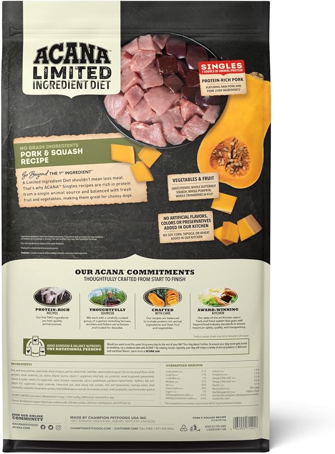 ACANA Singles Limited Ingredient Grain Free High Protein Dry Dog Food Pork & Squash Recipe 22.5lb Bag