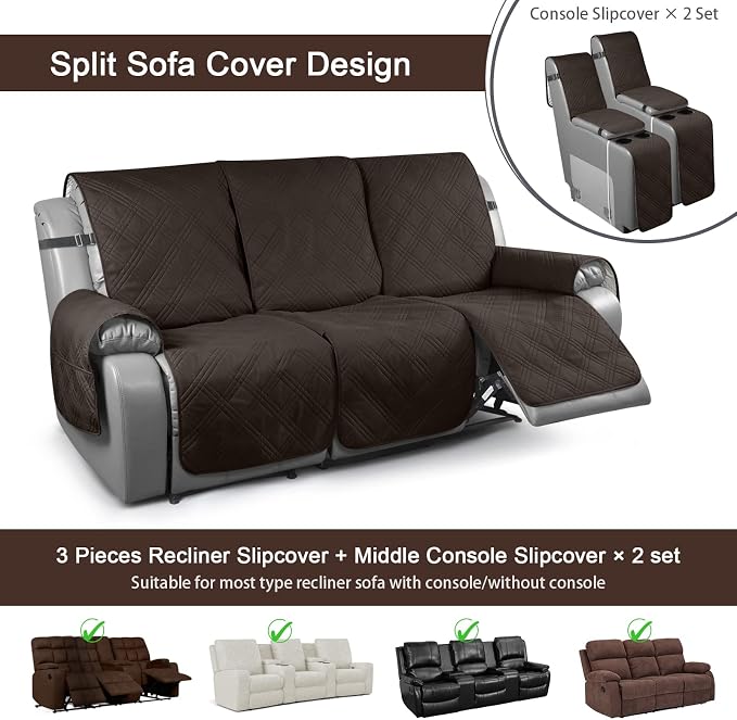 TAOCOCO 100% Waterproof Recliner Couch Covers with Console, Sofa Covers for Reclining Sofa 3 Seat with Straps Design, Split Recliner Sofa Cover Furniture Pets Kids Protector (3 Seater, Chocolate)