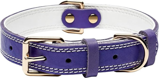 Genuine Leather Dog Collar, Heavy Duty Dog Collar, Wide Dog Collar for Small, Medium, Large and Extra Large Dogs (L: 1.2" Wide for 16.2"-22" Neck, Dual Stitch - Purple)