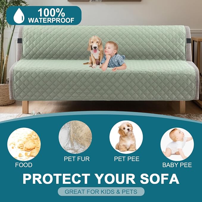 Turquoize 100% Waterproof Futon Cover Futon Slipcover Washable Armless Sofa Bed Slipcover Protector Seat Width Up to 70" with Adjustable Elastic Strap Anti-Slip for Dogs, Sage