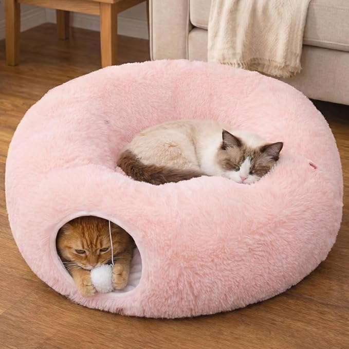 Meowfia Indoor Cat Tunnel with Donut Bed - Large Flexible Play Space for Multiple Pets - Circle or Snake Shape, Cozy Lounge (Pink)