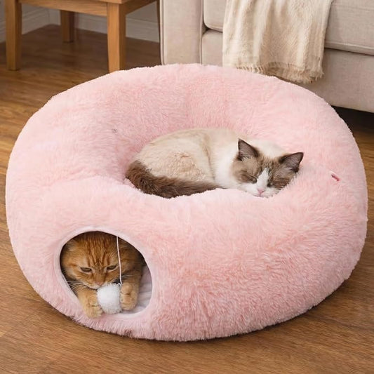 Meowfia Indoor Cat Tunnel with Donut Bed - Large Flexible Play Space for Multiple Pets - Circle or Snake Shape, Cozy Lounge (Pink)