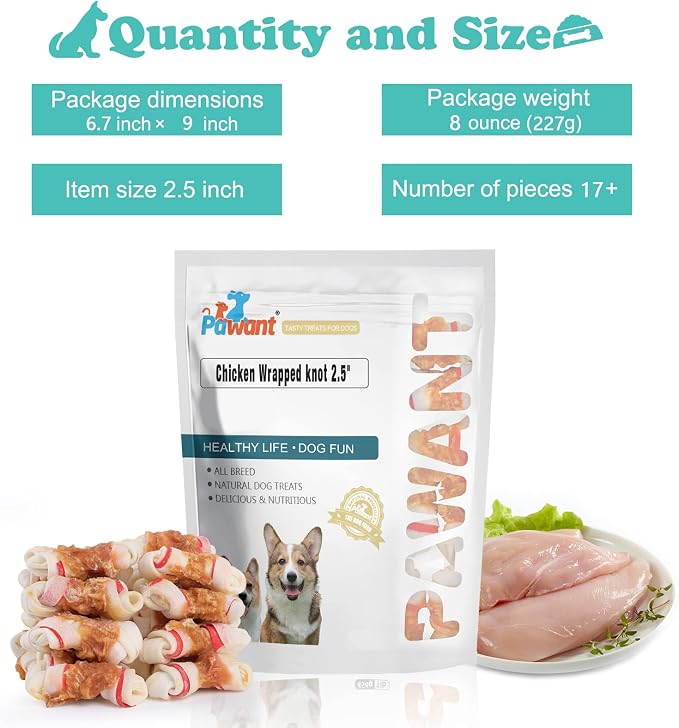Chicken Wrapped Rawhide Bones, 2.5 Inch Mini Knots Dog Treats, High Protein 65% Puppy Chews and Satisfying Rewards for All Breeds, 8 Ounces