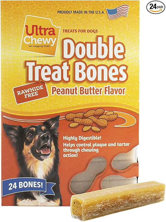 Ultra Chewy Peanut Butter Double Treat Bones: Long-Lasting Dog Treats Made in USA for Large and Small Breeds, Highly Digestible, Ideal for Aggressive Chewers (24 Count)