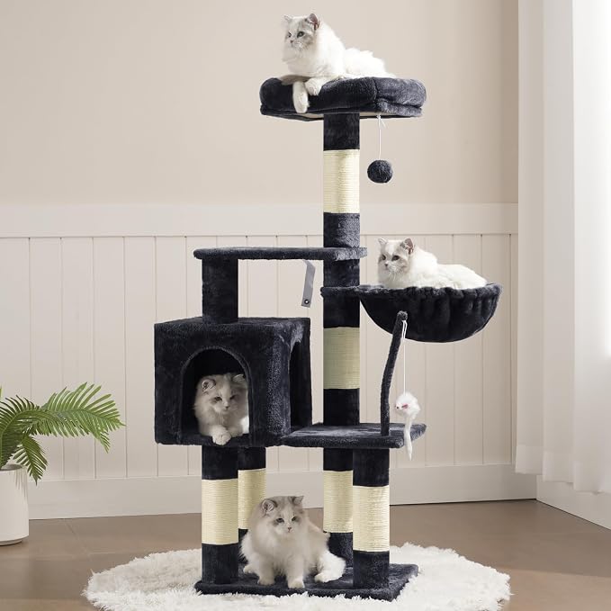 Heybly Cat Tree with Toy, Cat Tower condo for Indoor Cats, Cat House with Padded Plush Perch, Cozy Hammock and Sisal Scratching Posts, Smoky Gray HCT004SG