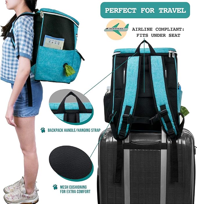 PetAmi Dog Travel Bag Backpack, Airline Approved Dog Bags for Traveling, Puppy Diaper Bag Supplies, Pet Camping Essentials Hiking Accessories Dog Mom Gift, Food Container, Collapsible Bowls, Teal Blue