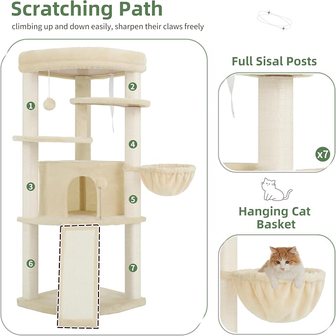 Gitelsnour Corner Cat Tree for Indoor Cats, Cat Tower with All Sisal Scratching Posts, Multi-Level Cat Condo wth Cat Cave, Large Top Perch, Hanging Basket, Sisal Scratching Ramp, Beige GCT025M