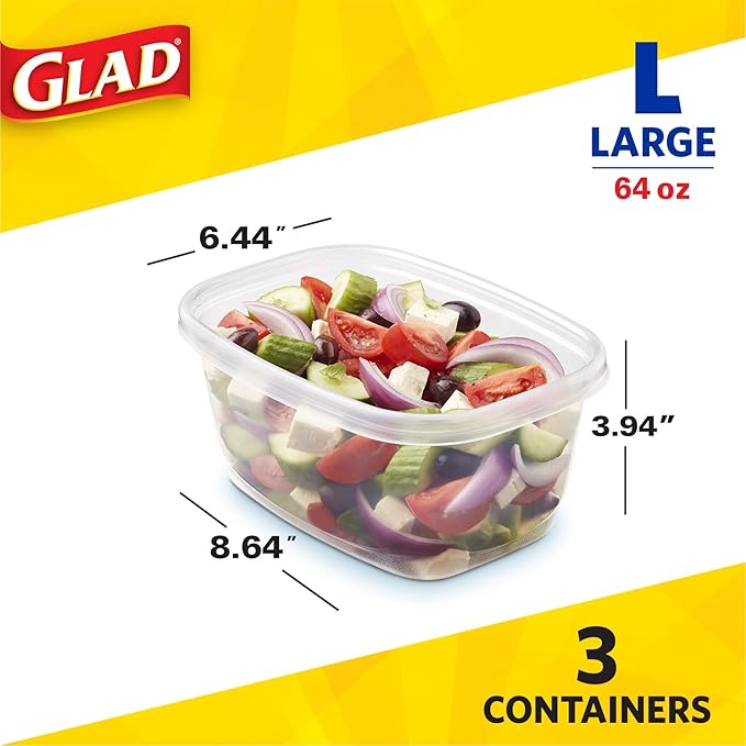 Glad GladWare Deep Dish Food Storage Containers Lids Large Rectangle BPA Free Meal Prep Microwave Dishwasher Safe Lock Tight Seal 64 OZ 3 Count 6 Pack