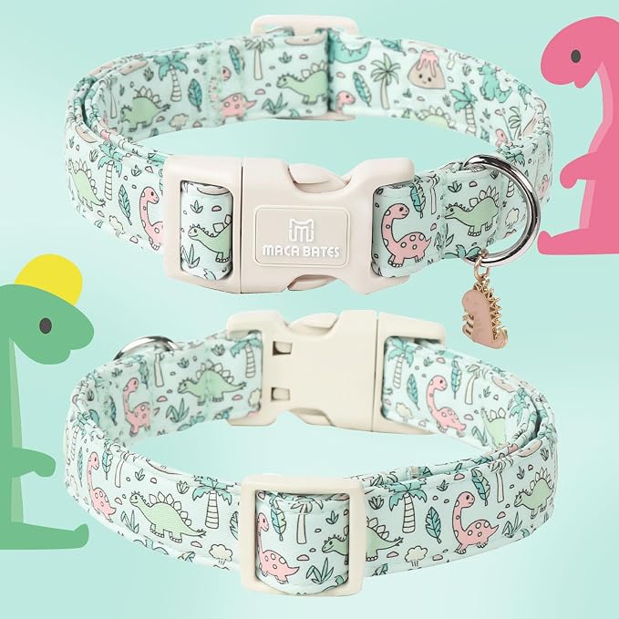 Maca Bates Spring Green Cute Dinosaur Basic Dog Collar for Small Boy Girl Dogs,Durable Soft Adjustable Collars Gift for Male Female Puppy Pet with Safety White Buckle