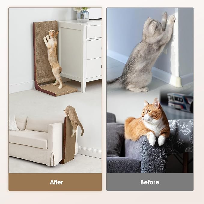 EHEYCIGA Cardboard Cat Scratcher for Indoor Cats, 32 Inch L Shaped Vertical Cat Scratching Board with Ball Cat Toy, Extra Large Cat Scratcher Pad, Dark Brown