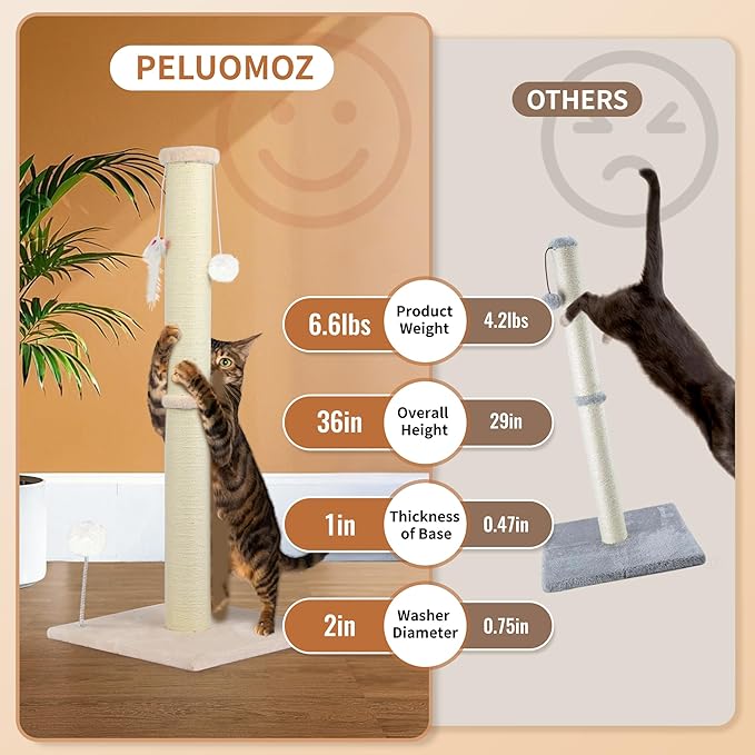 36 Inch Tall Cat Sisal Scratching Post for Indoor Cats, Beige | Natural Sisal, Sturdy Base, Interactive Toys, Full Stretch, Furniture Scratching Redirect, For Kittens and Adult Cats