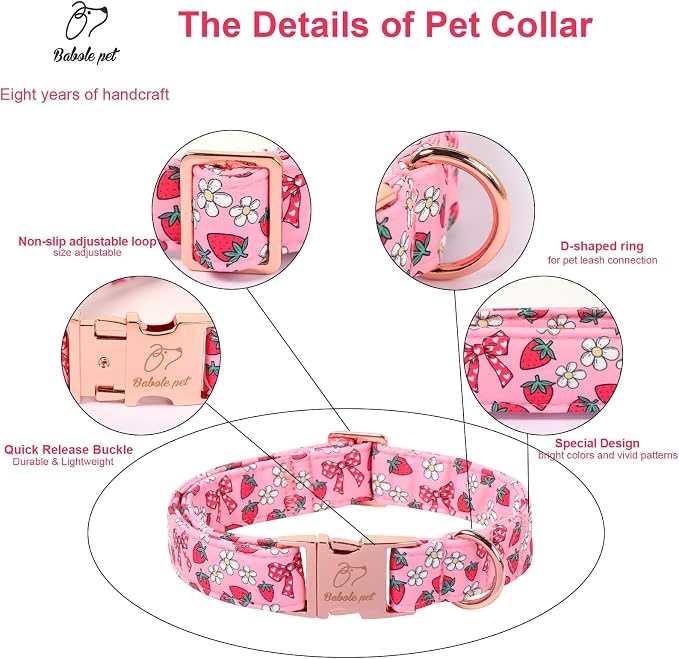 Strawberry Bow Dog Collar, Spring/Summer Pink Girl Dog Collars, Adjustable Heavy Duty Girly Female Dogs Collars for Small Medium Large Dogs with Metal Buckle L