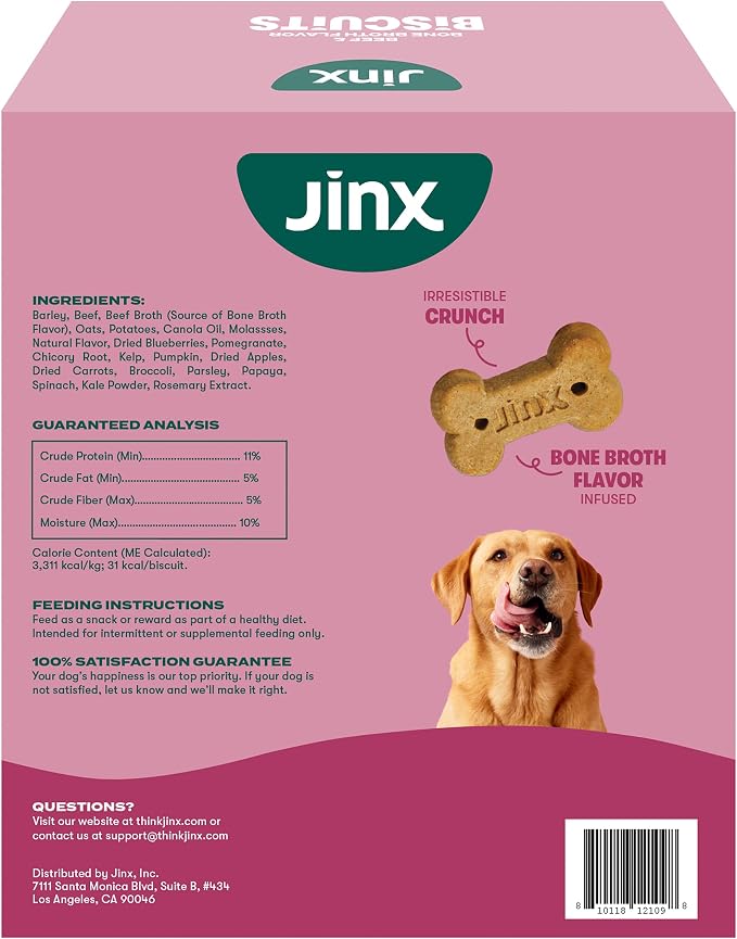Jinx Oven-Baked Beef Bone Broth Biscuit Dog Treats - Crunchy, All Natural, Superfood-Rich with High-Protein Salmon, Dog Biscuits for Puppies, Adults & Seniors - 3LB (Pack of 4)
