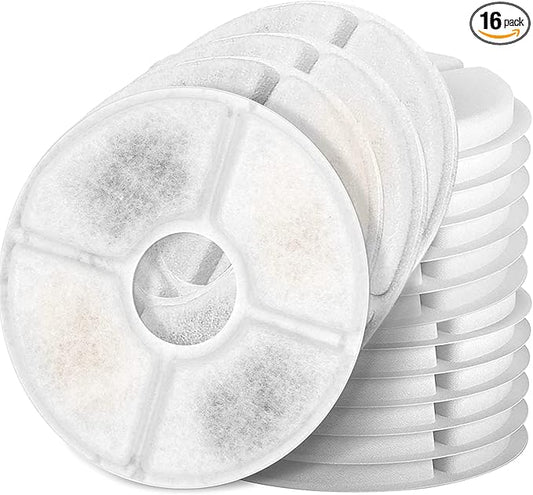 Cat Water Fountain Filters, Pack of 16 Replacement Filter Fit for 81oz/2.4LCat Pet Fountain, 3 Filtration System