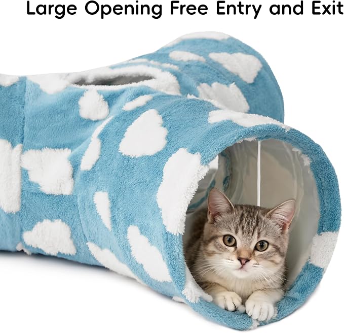 Tempcore Flannel Cat Tunnel for Indoor Cats, 3 Way Collapsible Pet Play Tunnel with Teaser Wand, Peek Holes & Hanging Ball, Interactive Tube for Kittens & Rabbits, Blue Cloud