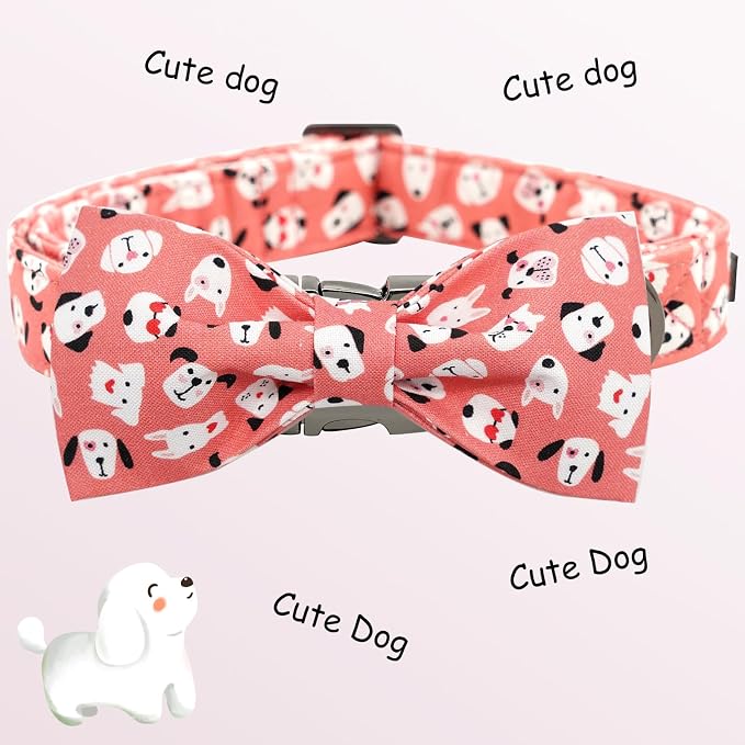 Elegant Little Tail Pink Heart Print Dog Collar - Adjustable Bowtie Collar for X-Small Dogs