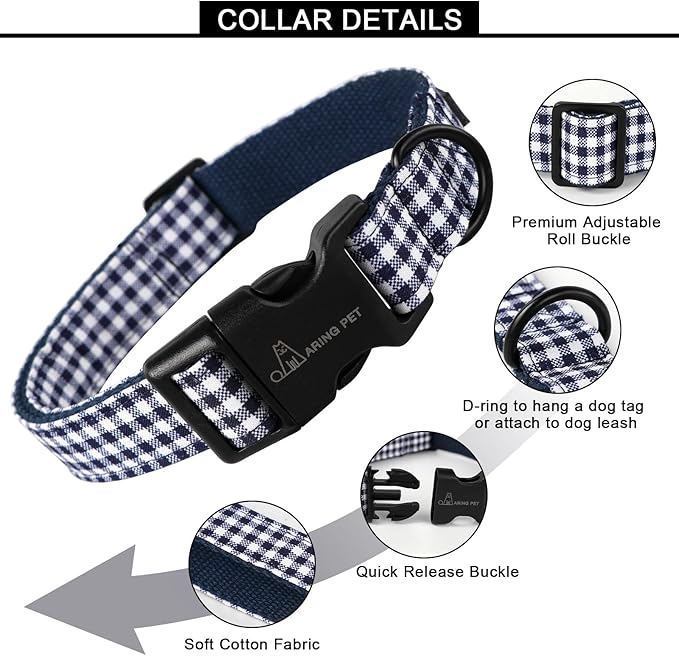 ARING PET Dog Collar, Cute Adjustable Comfortable Cotton Navy White Plaid Pet Collars for Small Medium Large Male Female Boy Girl Dogs-Large