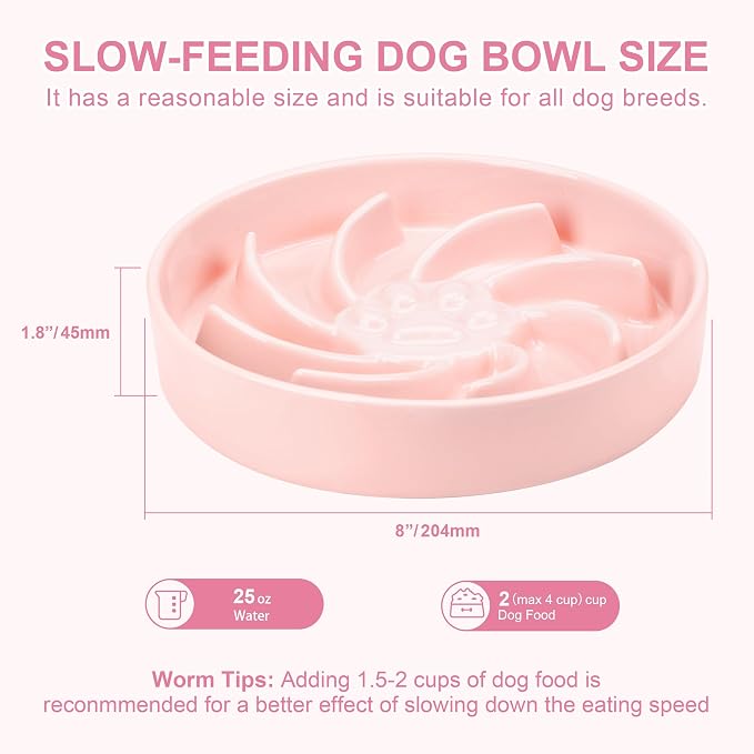 Ceramic Slow Feeder Dog Bowl, 3 Cup Dog Food or 25oz Water, Slow Eating Bowl for Middle Breed, Maze Puzzle Feeder for Fast Eaters, Anti-Choking Stop Bloat, Non-Slip BPA Free (Pink)