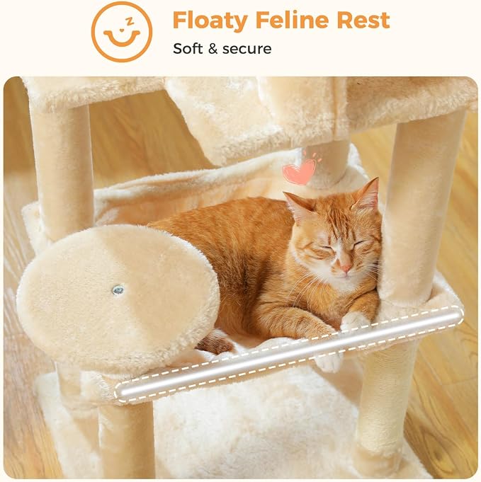 MUTTROS Cat Tree for Indoor Cats, 44.5" Multi-Level Cat Tower with Large Metal Frame Hammock, Cat Condo with 2 Scratching Posts and Top Perch for Small to Medium Cats, Beige