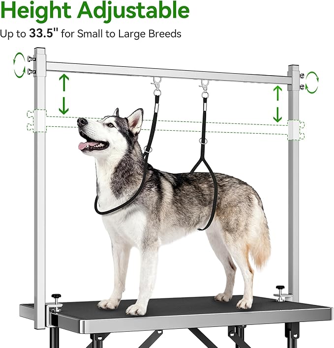 pickpiff Dog Grooming Table with Arm, 35.5" L×23.6" W x 30" H Foldable Heavy Duty Pet Grooming Station with Adjustable 33.5" Height Arm, Hammock & Nooses, Tray, Non-Slip Waterproof Tabletop
