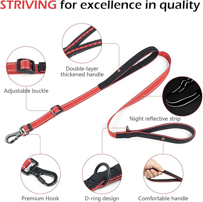 Reflective Double Handle Dog Leash for Large Dogs, Heavy Duty Adjustable Leash with Soft Padded Handles, Traffic Control Training Lead for Walking, Running (Bright Red, 4ft)