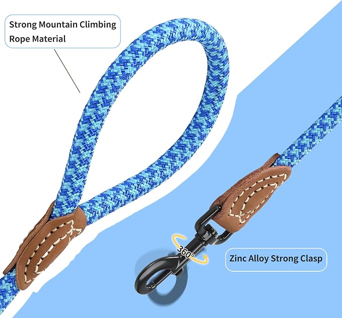 Mile High Life | Mountain Climbing Dog Rope Leash with Heavy Duty Metal Sturdy Clasp | Genuine Leather Tailored Connection with Strong Stitches (Sky Blue Hot Blue, 48 Inch (Pack of 1))