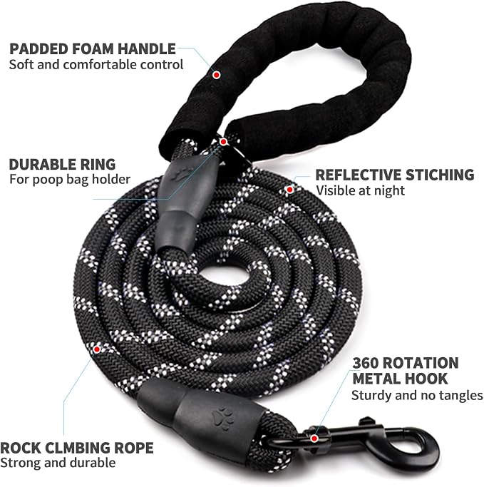 COOYOO Dog Leash 6 FT Heavy Duty - Comfortable Padded Handle - 1/2 inch Reflective Dog Leash for Medium Large Dogs with Poo Bag Dispenser