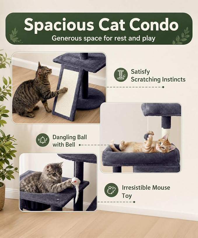 68 Inches Heavy Duty Cat Tree for Indoor Cat, Big Cat Tower with Sisal Scratching Posts and Top Perch, Large Platform for Adult Cats, PMT02DG, Dark Grey