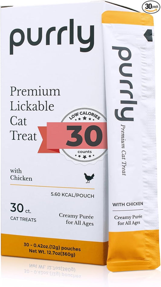 Purrly Lickable Wet Cat Treats Creamy Purée Human-Grade Chicken Breast with Prebiotic and Dietary Fiber for Digestive Health (30 Count) Non-GMO No-Grains No-Artificial-Additive All Ages Low-Phosphorus