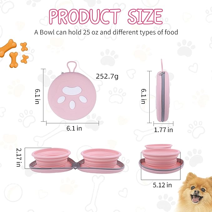 Collapsible Dog Bowls, 2-in-1 Travel Double Bowl Water Food Feeder Portable Pet Traveling Camping & Walking 25oz (Pink Green)