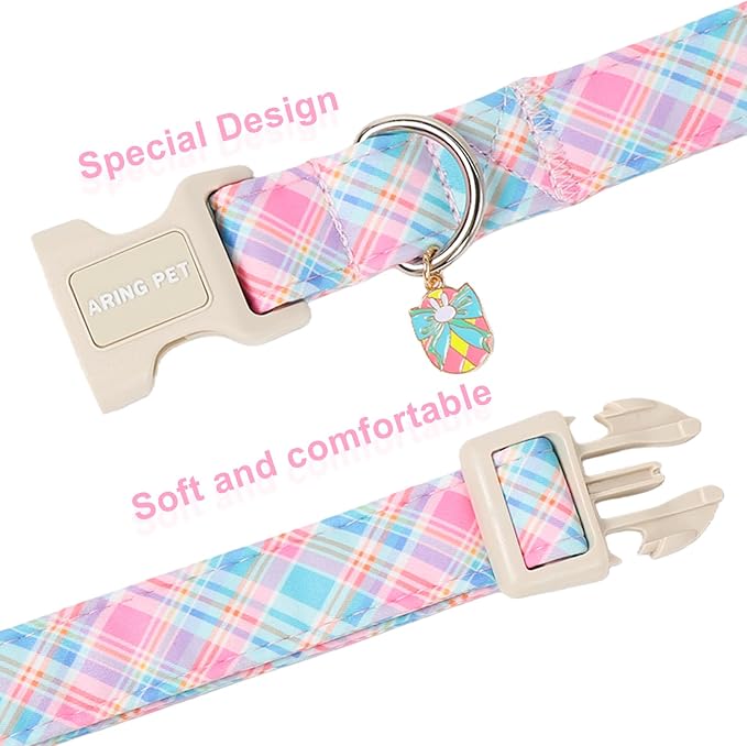 ARING PET Easter Dog Collar, Cute Colorful Plaid Stripe Girl Doggy Collars with Quick Release Buckle for Puppy Small Medium Large Dogs-M