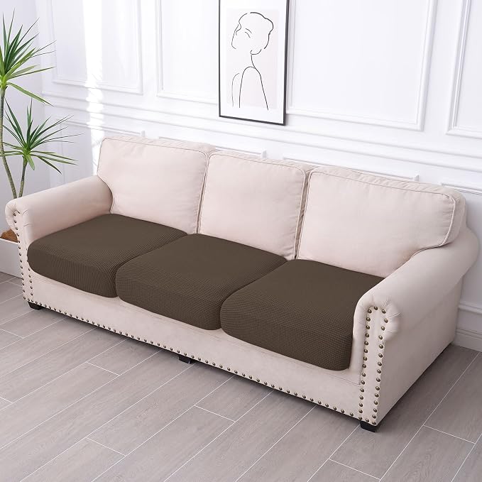 hyha Waterproof Couch Cushion Covers for Pets, Non Slip Sofa Cover for Dogs Washable, Soft Thick Stretch Jacquard Fabric, Sofa Slipcovers with Elastic Bottom (3 Pieces, Coffee)