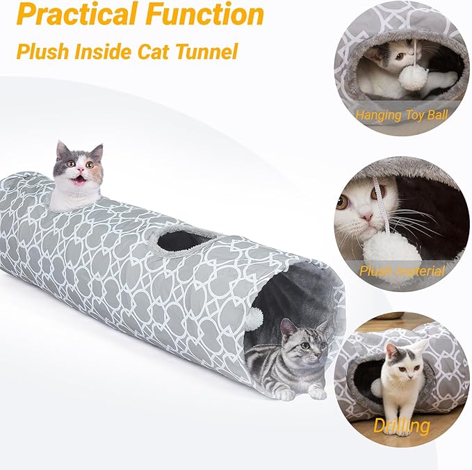 Geometric Straight Cat Tunnel with Plush Inside,Cats Toys Collapsible Tunnel Tube with Balls, for Rabbits, Kittens, Ferrets,Puppy,Diameter 11.8 Inch