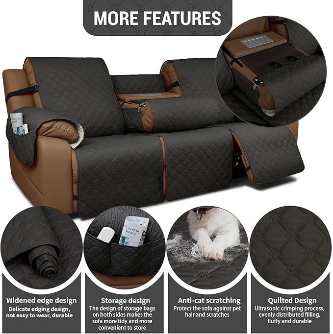 Waterproof Recliner Sofa Covers with Flipped Middle Backrest Washable Recliner Couch Covers Non-Slip with Elastic Straps Furniture Protector for Kid Dogs Pets (Dark Grey)