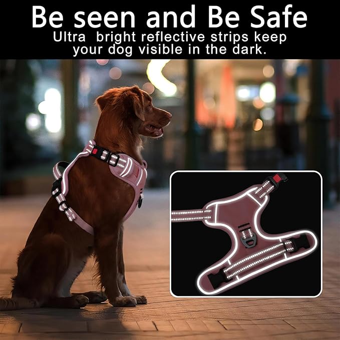 Timos Dog Harness Large Sized, No Pull Pet Harness with Neck Lockable Snap,No Choke Front Clip Dog Reflective Vest,Adjustable Metal Rings 3 Buckles,Easy Control Handle for Large Dogs Pink XL