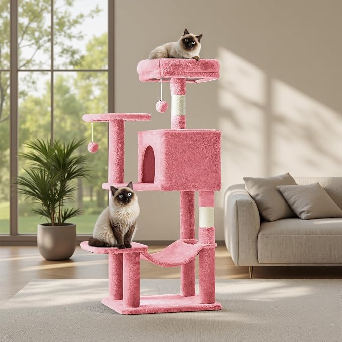 DUMOS Small 44 Inch Cats Tree Tower, Cat Climbing Tower with Natural Sisal Scratching Posts, Hammock, Pet Condo for Indoor Cats and Kittens Play, Pink