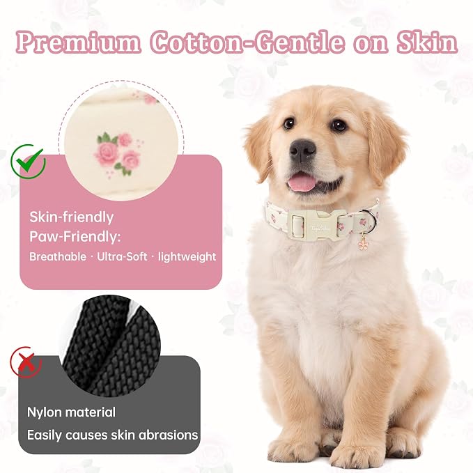 Floral Dog Collar, Spring Summer Pink Flower Pet Collar, Cute Cotton Puppy Collar with Adjustable Buckle, Girl Female Dog Collars for Small Medium Large Dogs-XS