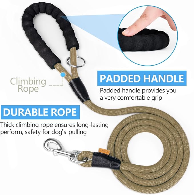 Dog Leash, Braided Rope Traction – Walking Training Lead for Medium/Large Dogs ((1/2") x 6FT, Khaki)