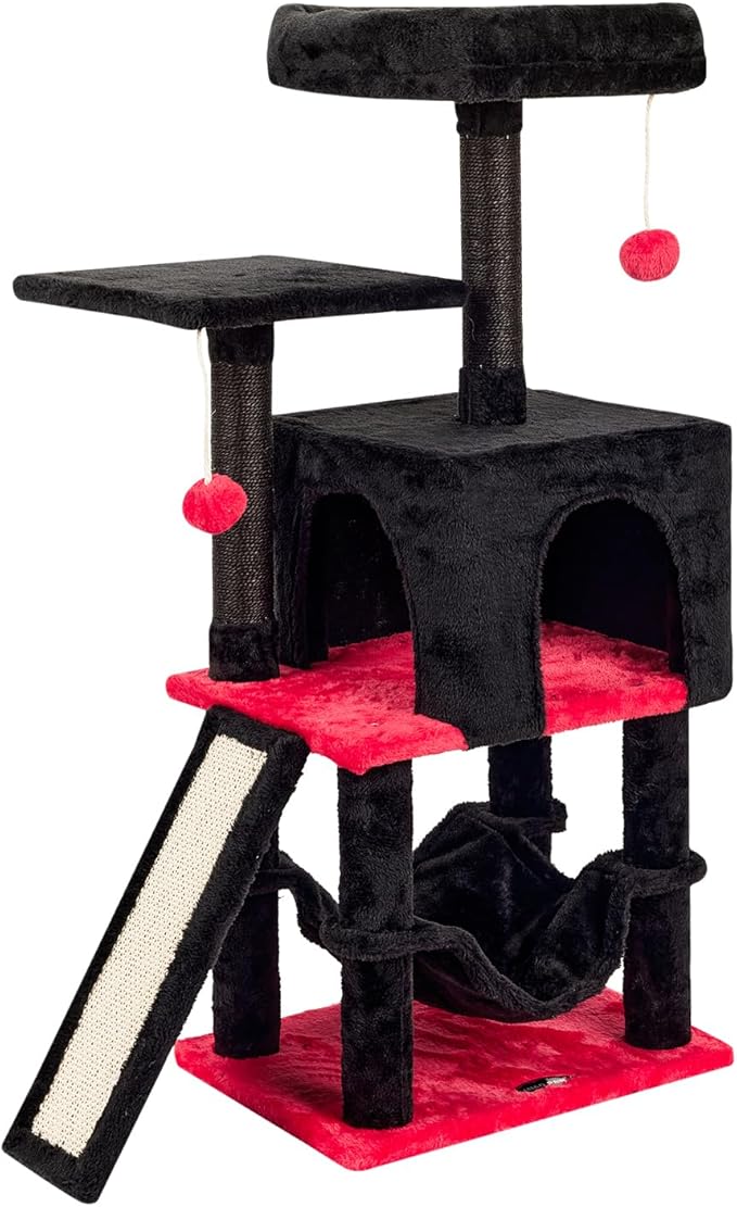 Gothic Cut Cat Tree with Coffin Bed for Indoor Cats Cat Tower with Scratching Post Modern Activity House for Large Cats Condo with Board Kittens Cave Hammock Hanging Ball RED Black