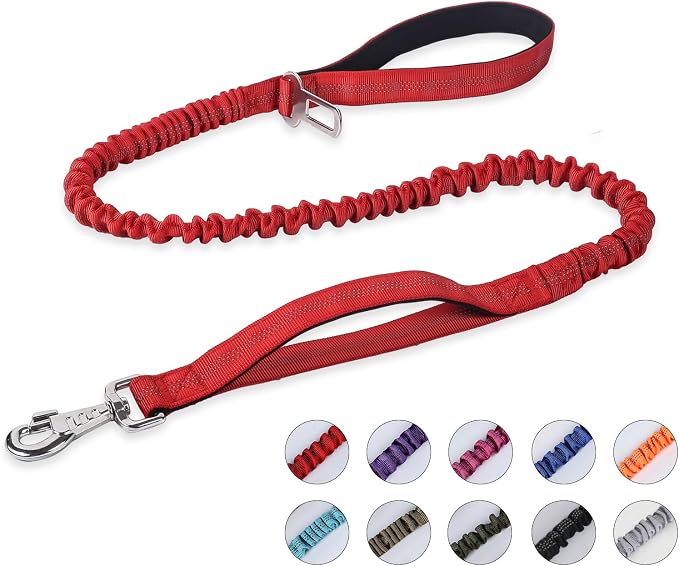 BUMBIN 6Ft Dog Leash Large Dogs, Bungee Dog Leash with 2 Handles, Heavy Duty Dog Leashes for Medium Small Dogs, No Pull Shock Absorbing Dog Leash with Car Seat Belt for Training, Red