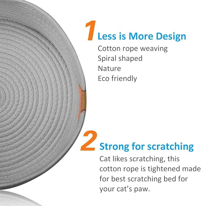 Cat Bed Basket Nest Round Cotton Rope Woven Warm Medium,Pet Sleeping Bed House Cute Fun Scratcher Scratching Scratch Mat Pad for Puppy Small Dogs Indoor Play Eco Washable Winter Summer (Gray)