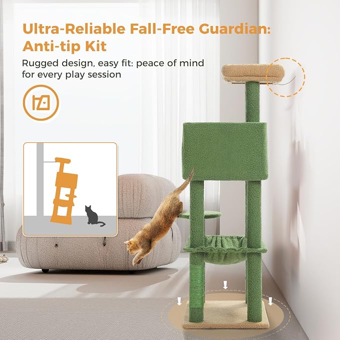MUTTROS Cactus Cat Tree for Indoor Cats, 44.5" Multi-Level Cat Tower with Large Metal Frame Hammock, Cat Condo with 2 Scratching Posts and Top Perch for Small to Medium Cats, Green