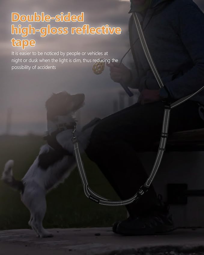 Hands Free Dog Leash & Car Seatbelt, 5.9-9.5ft Crossbody Dog Belt with Dual Soft Handles, Shock-Absorbing, 360° Clip, Reflective Design for Walking, Running, Hiking, Travel. (Grey)