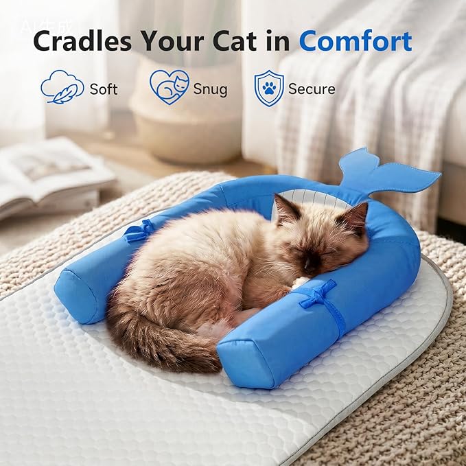 Cat Cooling Mat with Soft U-Shaped Pillow– Breathable Calming Cooling Pad for Cats– Portable Washable Summer Cooling Cat Bed for Indoor Or Travel Use,Blue Shark-2